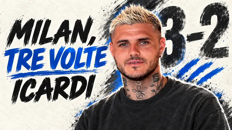 Copertina generata con IA, scritta "MILAN, TRE VOLTE ICARDI": Mauro Icardi durante un'intervista