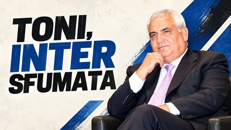 Copertina generata con IA, scritta "TONI, INTER SFUMATA": Pantaleo Corvino seduto in abito e cravatta