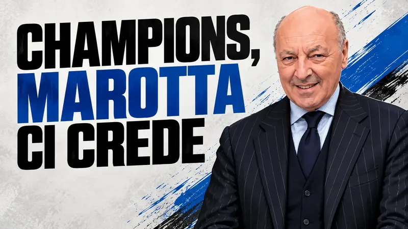Copertina generata con IA, scritta "CHAMPIONS, MAROTTA CI CREDE": Giuseppe Marotta in abito scuro accanto a un distributore storico