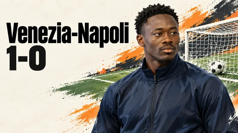 Copertina generata con IA, scritta "Venezia-Napoli 1-0": Akor Adams in conferenza stampa con la tuta del Montpellier