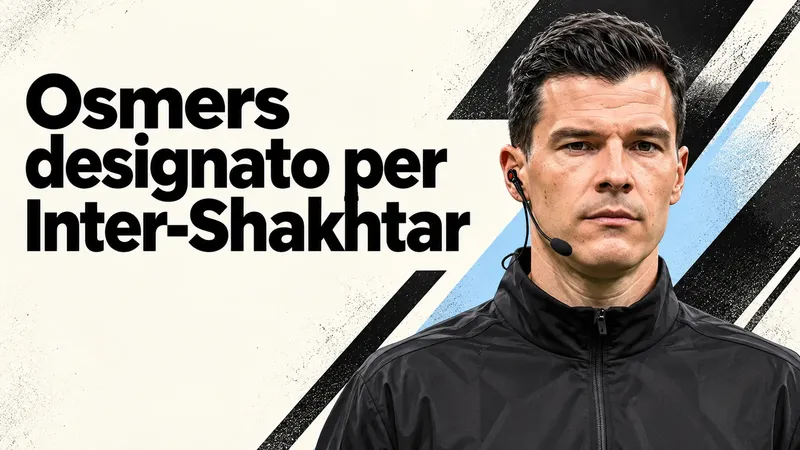 Copertina generata con IA, scritta "Osmers designato per Inter-Shakhtar": Harm Osmers con giacca FIFA e microfono da arbitro