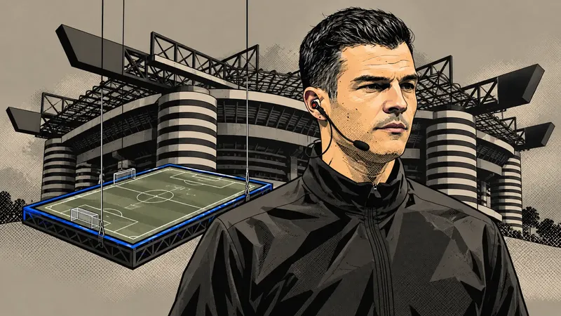 Copertina generata con IA, scritta "Osmers designato per Inter-Shakhtar": Harm Osmers con giacca FIFA e microfono da arbitro