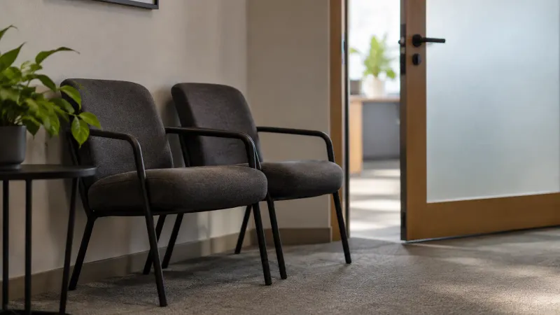 Foto generata con IA: Due poltrone vuote nella zona d’attesa di un ufficio, accanto a una porta socchiusa con vetro smerigliato. Ripresa bassa e ravvicinata, con luce naturale del mattino e sfondo sfocato, senza persone, scritte, marchi o stemmi.