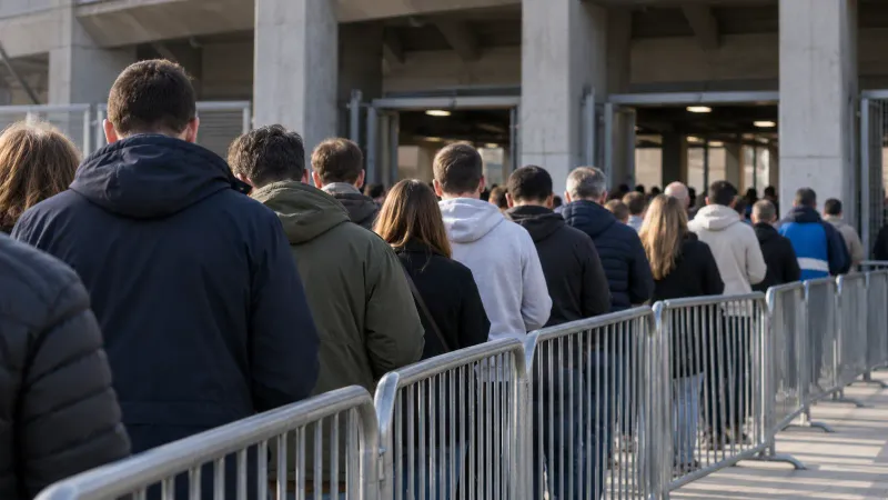Foto generata con IA: Una fila di persone viste di spalle attende lungo le transenne davanti agli accessi di un impianto sportivo generico. Ripresa laterale ad altezza delle spalle nella luce di mezzogiorno, con figure indistinte e nessuna scritta, numero, insegna, marchio o stemma visibile.