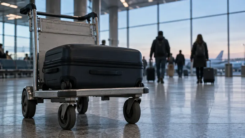Foto generata con IA: Una valigia chiusa su un carrello nel terminal di un aeroporto, con passeggeri lontani e sfocati sullo sfondo. Ripresa grandangolare ad altezza del carrello nella luce fredda dell’alba, senza scritte, marchi o elementi identificativi visibili.