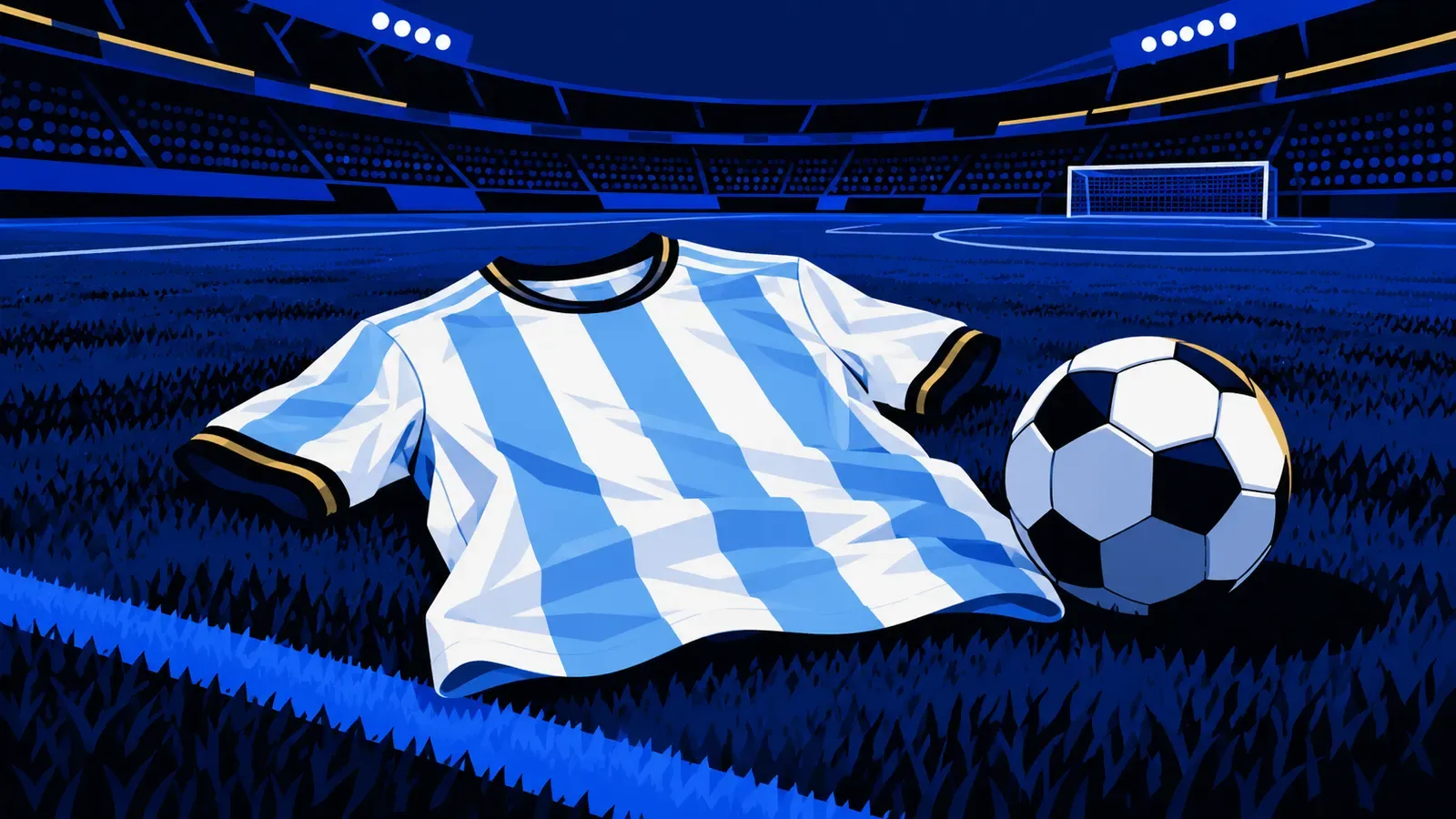 Una maglia dell’Argentina senza nome accanto a un pallone su un campo da calcio