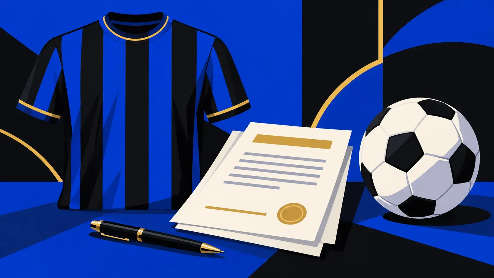 Una maglia nerazzurra senza nome accanto a un contratto e a un pallone