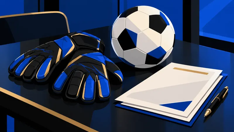 Guanti da portiere accanto a un pallone e a un contratto su un tavolo