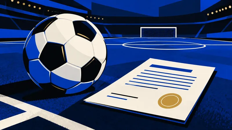 Un pallone accanto a un contratto su un campo da calcio